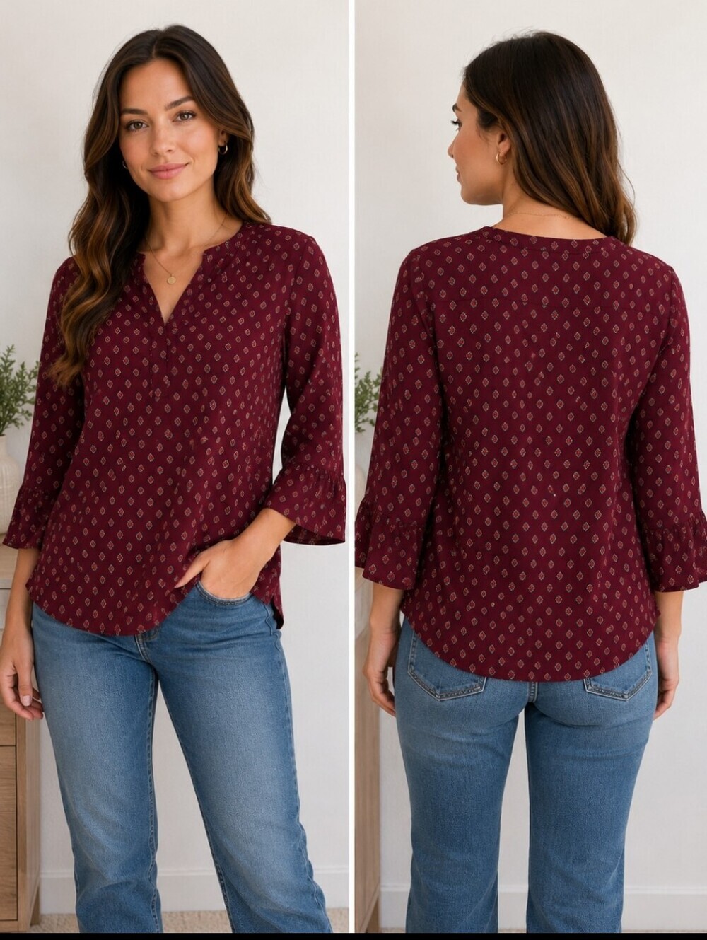 Harlowe & Graham Burgundy Printed Blouse Boho Career Chic Oversized Fit